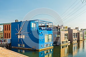Row of contemporary house boats in the IJburg district in Amsterdam