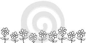 Row of contour flowers in cartoon doodle. Vector hand drawn spring background isolated. Horizontal bottom edging, border,