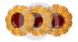 Row of cookies with jam isolated on white. Top view