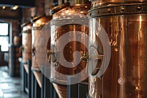 Row of copper brewing tanks in modern brewery