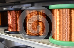 Row of copper wire coils in close up view