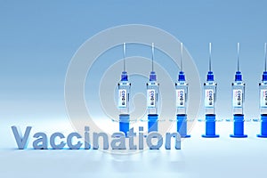 Row of covid 19 sarsCov syringes with vaccine against pandemic; conceptual vaccination plan strategy; 3D Illustration