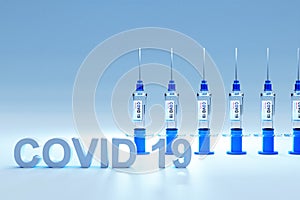 Row of covid 19 sarsCov syringes with vaccine against pandemic; conceptual vaccination plan strategy; 3D Illustration