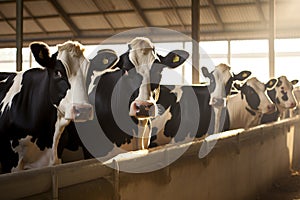 Row of cows being milked. Generative AI