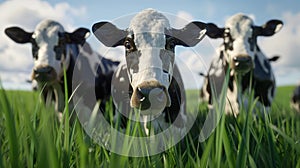 A row of cows eats grass. Hyper-realistic.