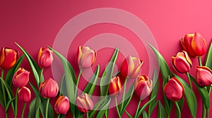 Row Crimson Tulip Blooms on a Gradient Raspberry Background