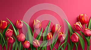 Row Crimson Tulip Blooms on a Gradient Raspberry Background photo