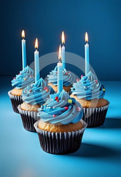 a row of cupcakes with blue frosting with a blue candle on top