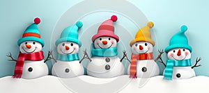 Row of cute 3D snowmen in hats