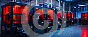 A row of 3D printers working in unison at a futuristic workshop