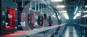 A row of 3D printers working in unison at a futuristic workshop