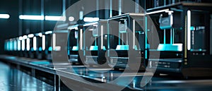 A row of 3D printers working in unison at a futuristic workshop