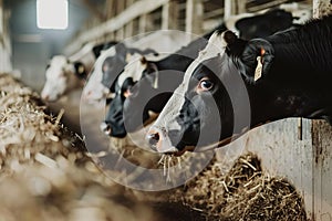 A row of dairy cows feeding on hay inside a barn