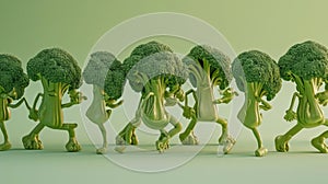 A row of dancing broccoli with their heads bopping in unison to the music creating a broccoli forest rave