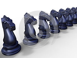 A row of dark blue chess knights