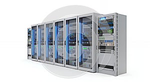 Data Center Servers in Rows on White Background Network and Cloud Computing Infrastructure for Digital Information