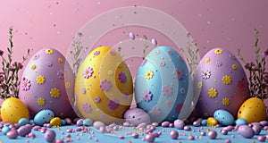 Row of Decorated Easter Eggs on Pink Background