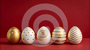 A row of decorated Easter eggs on a red background with various patterns and designs