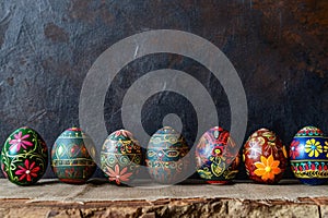 a row of decorated easter eggs sitting on top of a wooden table