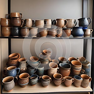 A row of decorative, handcrafted ceramic mugs on a shelf in a pottery shop1