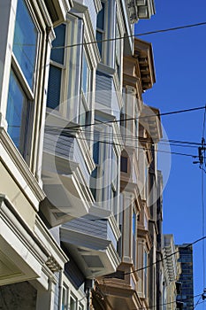 Row of decorative house or home facades in dense urban areas of historic districts of san francisco california