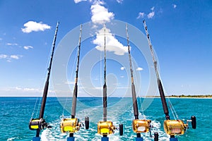 Row of Deep Sea Fishing Rods on Boat
