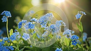 A row of delicate forgetmenots each tiny blue flower seeming to shine in the suns rays ping through their petals photo