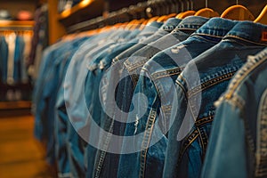 Row of denim jeans hanging on a rack in a closet. Concept Fashion, Denim, Style, Closet