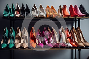 row of designer shoes in eye-catching array of colors and textures