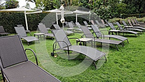 Row of designer sun loungers in a sunny garden or swimming pool