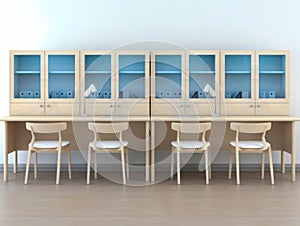 A row of desks with the furthest desk from the camera missing the necessary supplies to participate.. AI generation photo