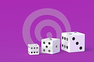 Row of dice cubes from small to large on violet background. Copy space