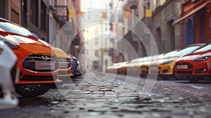 Row of different cars parked in a crowded city