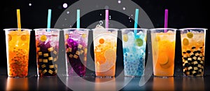 a row of different colored bubble teas