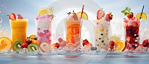 a row of different colored bubble teas