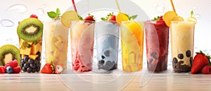 a row of different colored bubble teas