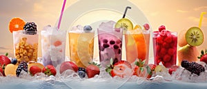 a row of different colored bubble teas