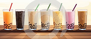 a row of different colored bubble teas