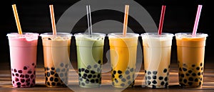 a row of different colored bubble teas