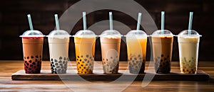 a row of different colored bubble teas