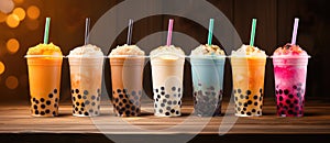 a row of different colored bubble teas