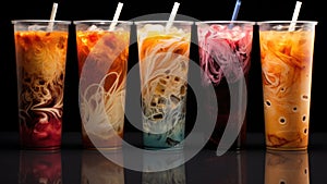 A row of different colored iced drinks, AI