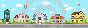 Row of different colorful family houses House home exterior vector