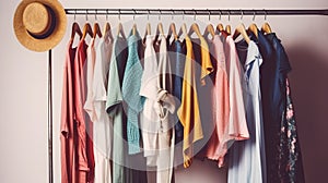 Row of different colorful female clothes hanging on rack in hipster fashion show roo