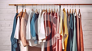 Row of different colorful female clothes hanging on rack in hipster fashion show room in shopping mall. Grunged concrete wall