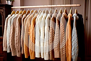 Row of different colorful Knitted warm sweaters hang on hangers, Rack with stylish women's clothes autumn colored.