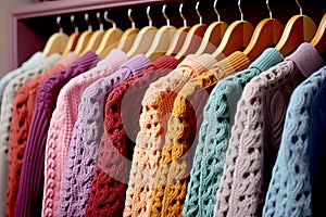 Row of different colorful Knitted warm sweaters hang, Rack with stylish women\'s clothes autumn colored. Clothes for