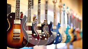 A row of different electric guitars hanging in a modern musical shop. Generative Ai