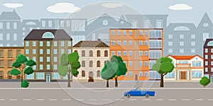 Row of different houses along the street. The car is driving along the road. Vector illustration in flat style