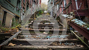 A row of dilapidated wooden stairs leads up to a row of decaying townhouses. Despite their worn appearance the steps are